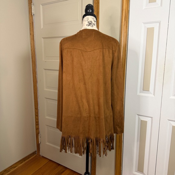 BCBGeneration Women Medium Cognac Faux Suede Tan Boho Fringe Open Blazer Western - Picture 8 of 9